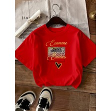 Caddekombin Kadın Leopar Kalp Baskılı Gold Yazılı Kırmızı T-Shirt