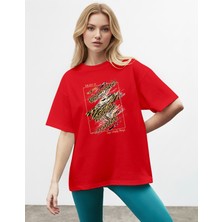 Caddekombin Kadın Gold ve Zebra Desenli Enjoy It Yazılı Kırmızı T-Shirt