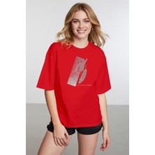 Caddekombin Kadın Palmiye  Detaylı Baskılı Bisiklet Yaka Kırmızı T-Shirt