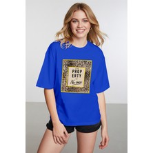 Caddekombin Kadın Leopar Desen Baskılı Bisiklet Yaka Saks Mavi T-Shirt