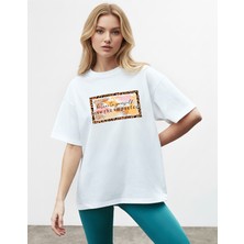 Caddekombin Kadın Leopar Palmiye Baskılı Bisiklet Yaka Beyaz T-Shirt