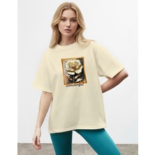 Caddekombin Kadın Golt Detaylı Gül Grafik Bisiklet Yaka Bej T-Shirt