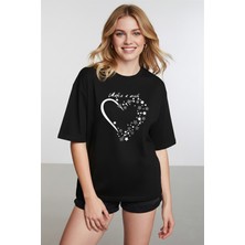 Caddekombin Kadın Işıltılı Yıldız Detaylı Bisiklet Yaka Siyah T-Shirt