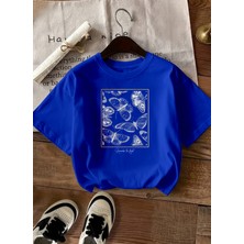 Caddekombin Kadın Gold Çerçeveli Kelebek Desenli Saks Mavi T-Shirt