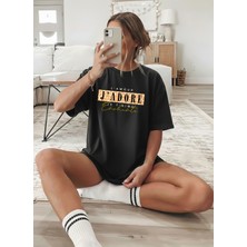 Caddekombin Kadın Leopar Detaylı J'adore Yazılı Siyah T-Shirt