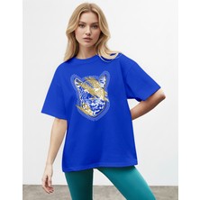 Caddekombin Kadın Leopar Noktalı Grafik Baskılı Basic Saks Mavi T-Shirt