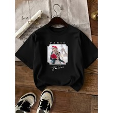 Caddekombin Kadın Romantik Paris Esintili Şık Tasarım Siyah T-Shirt