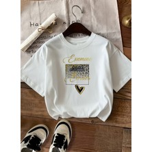 Caddekombin Kadın Leopar Kalp Baskılı Gold Yazılı Beyaz T-Shirt
