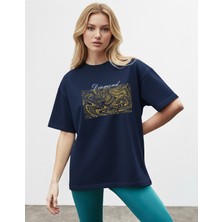 Caddekombin Kadın Sim Görünümlü  Baskılı Bisiklet Yaka Lacivert T-Shirt