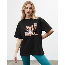 Caddekombin Kadın Kedi Baskılı Bisiklet Yaka Siyah T-Shirt