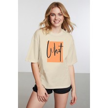 Caddekombin Kadın What Baskılı Bisiklet Yaka Bej T-Shirt