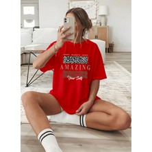 Caddekombin Kadın Leopar Amazing Baskılı Bisiklet Yaka Kırmızı T-Shirt