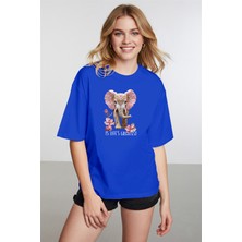 Caddekombin Kadın Espiri Fil Grafik Baskılı Yuvarlak Yaka Saks Mavi T-Shirt