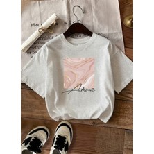Caddekombin Kadın Rose Gold Işıltılı Grafik Baskılı Gri T-Shirt