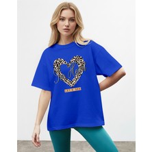 Caddekombin Kadın Leopar Kalp Baskılı Bisiklet Yaka Saks Mavi T-Shirt