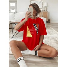 Caddekombin Kadın Leopar ve Gold Baskılı  Bisiklet Yaka Kırmızı T-Shirt