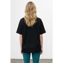 Caddekombin Kadın Leopar Noktalı Grafik Baskılı Basic Siyah T-Shirt