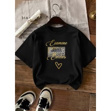 Caddekombin Kadın Leopar Kalp Baskılı Gold Yazılı Siyah T-Shirt
