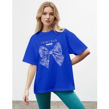 Caddekombin Kadın Gold Yazılı Prenses Fiyonk Baskılı Saks Mavi T-Shirt