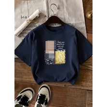 Caddekombin Kadın Love Wilt Baskılı Yazılı Basic Lacivert T-Shirt