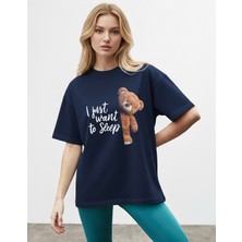 Caddekombin Kadın Just Want Baskılı Bisiklet Yaka Lacivert T-Shirt