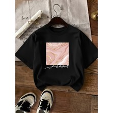 Caddekombin Kadın Rose Gold Işıltılı Grafik Baskılı Siyah T-Shirt