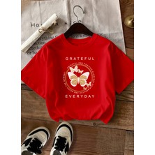 Caddekombin Kadın Gold Işıltılı Kelebek Baskılı Kırmızı T-Shirt