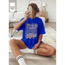 Caddekombin Kadın World Baskılı Bisiklet Yaka Saks Mavi T-Shirt