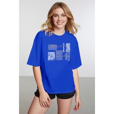 Caddekombin Kadın Zebra ve Leopar Detaylı Bisiklet Yaka Saks Mavi T-Shirt