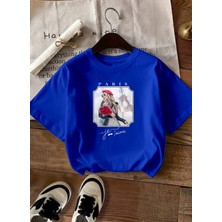 Caddekombin Kadın Romantik Paris Esintili Şık Tasarım Saks Mavi T-Shirt