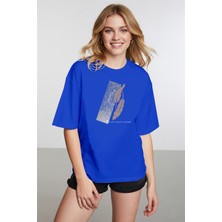 Caddekombin Kadın Palmiye  Detaylı Baskılı Bisiklet Yaka Saks Mavi T-Shirt