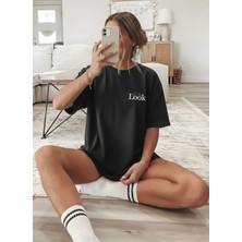 Caddekombin Kadın Look Yazı Baskılı Bisiklet Yaka Siyah T-Shirt