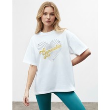 Caddekombin Kadın Işıltılı Yıldız Noktalı  Detaylı Bisiklet Yaka Beyaz T-Shirt