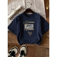 Caddekombin Kadın Leopar Kalp Baskılı Gold Yazılı Lacivert T-Shirt