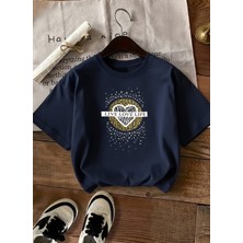 Caddekombin Kadın Live Love Life Sloganlı Kalp Baskılı Bisiklet Yaka Lacivert T-Shirt