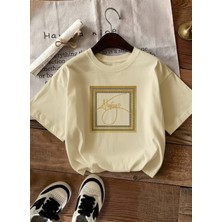 Caddekombin Kadın Always Slogan Gold Çerçeveli Bej T-Shirt