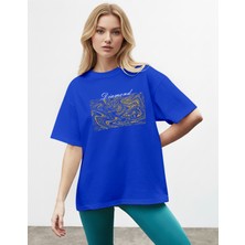 Caddekombin Kadın Sim Görünümlü  Baskılı Bisiklet Yaka Saks Mavi T-Shirt