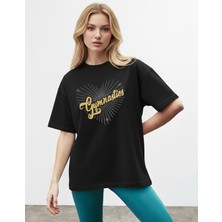 Caddekombin Kadın Işıltılı Yıldız Noktalı  Detaylı Bisiklet Yaka Siyah T-Shirt