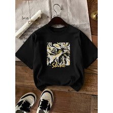 Caddekombin Kadın Soyut Mermer Desenli Grafik Baskılı Siyah T-Shirt