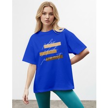 Caddekombin Kadın Motivasyon Mottolu Şerit Baskılı Saks Mavi T-Shirt
