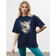 Caddekombin Kadın Leopar Noktalı Grafik Baskılı Basic Lacivert T-Shirt