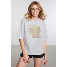 Caddekombin Kadın Fierce Grafik Baskılı Basic Gri T-Shirt