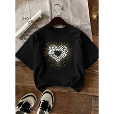 Caddekombin Kadın Modern Leopar Kalp Tasarımlı Siyah T-Shirt