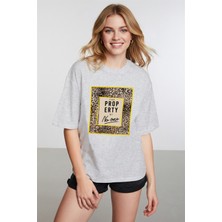 Caddekombin Kadın Leopar Desen Baskılı Bisiklet Yaka Gri T-Shirt