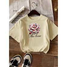 Caddekombin Kadın The Love Baskılı Baskılı Yuvarlak Yaka Bej T-Shirt