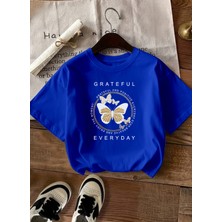Caddekombin Kadın Gold Işıltılı Kelebek Baskılı Saks Mavi T-Shirt