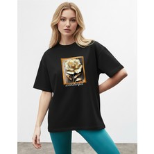 Caddekombin Kadın Golt Detaylı Gül Grafik Bisiklet Yaka Siyah T-Shirt
