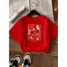 Caddekombin Kadın Gold Çerçeveli Kelebek Desenli Kırmızı T-Shirt