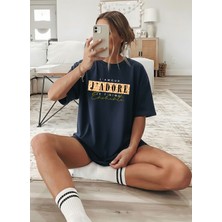 Caddekombin Kadın Leopar Detaylı J'adore Yazılı Lacivert T-Shirt