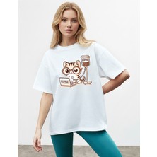 Caddekombin Kadın Kedi Baskılı Bisiklet Yaka Beyaz T-Shirt